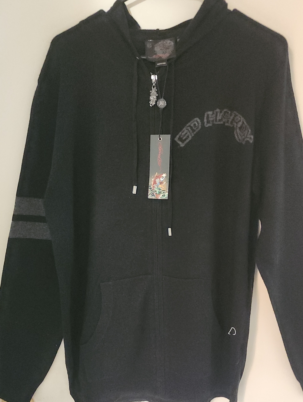 BNWT ED HARDY $179 LIGHT ZIPPERED HOODIE BLACK SIZE XL GREY DESIGNS FRONT & BACK